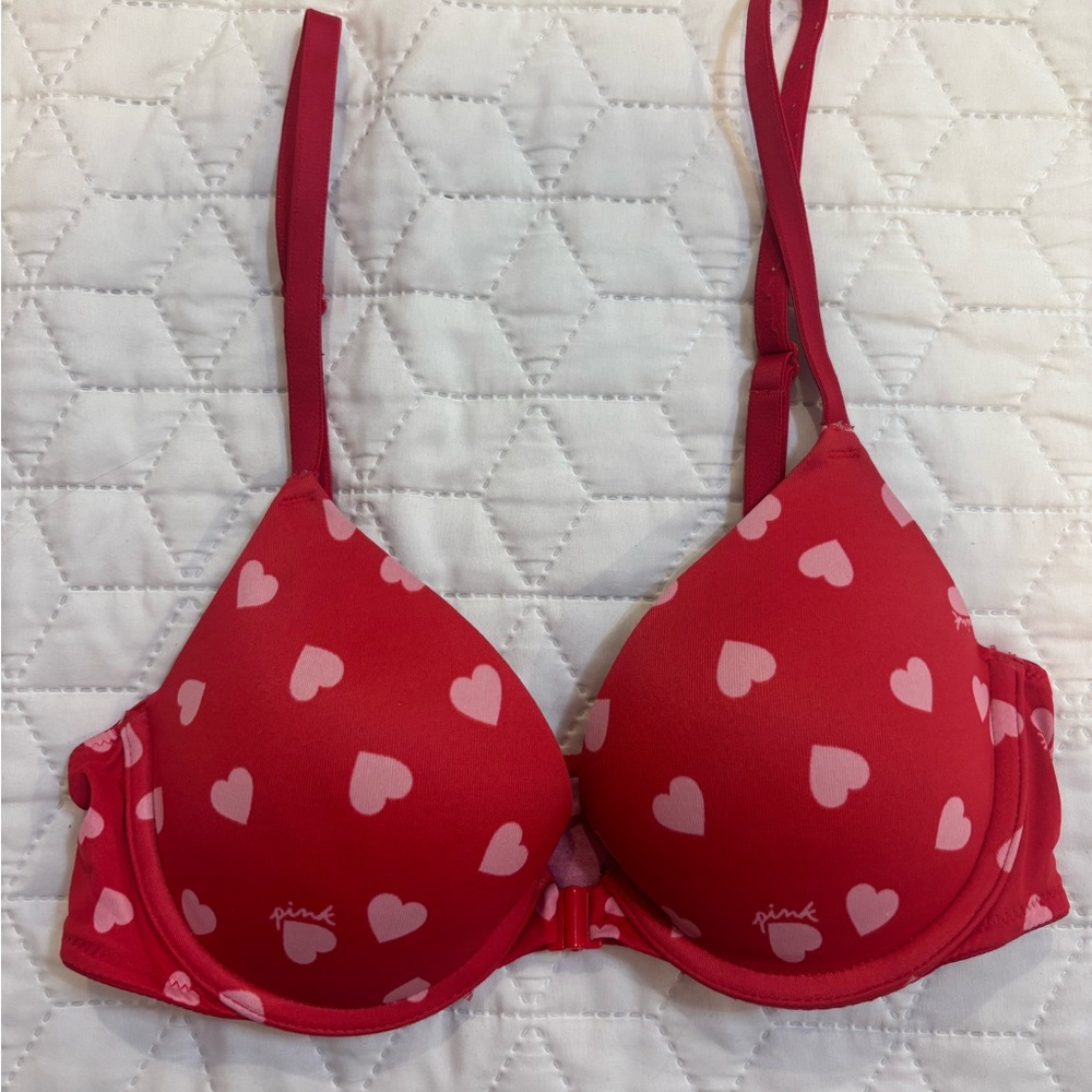 PINK Victoria's Secret Red Bra with Pink Heart Pattern